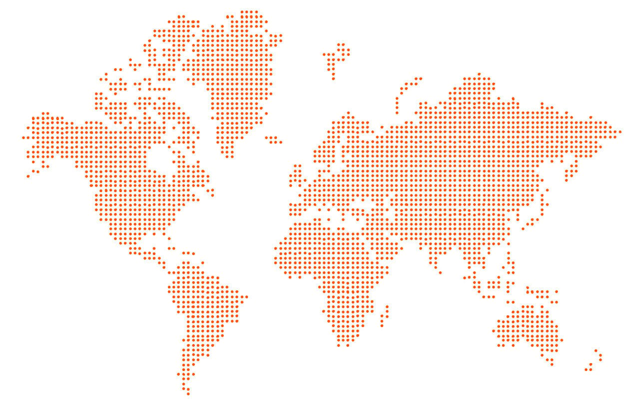 World map made up of tiny orange dots.