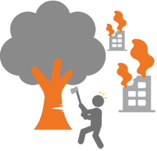 Man chopping down a tree, buildings on fire