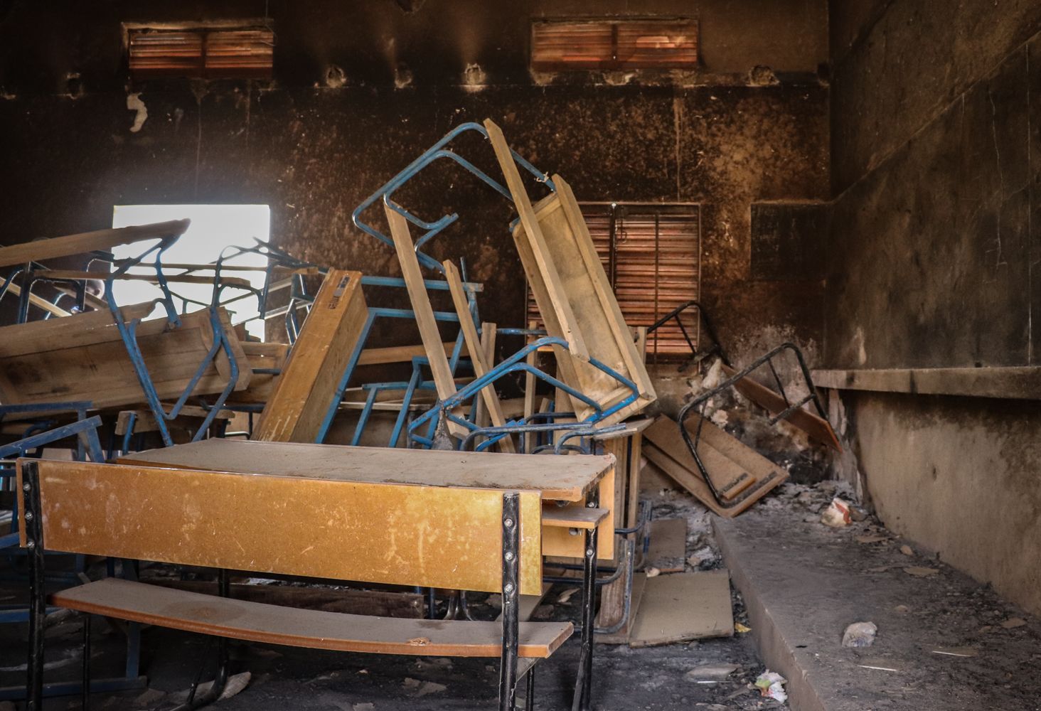 This school in Madiakoye, Mali, was burned down by armed individuals who entered the schoolyard and fired shots while students were learning inside.